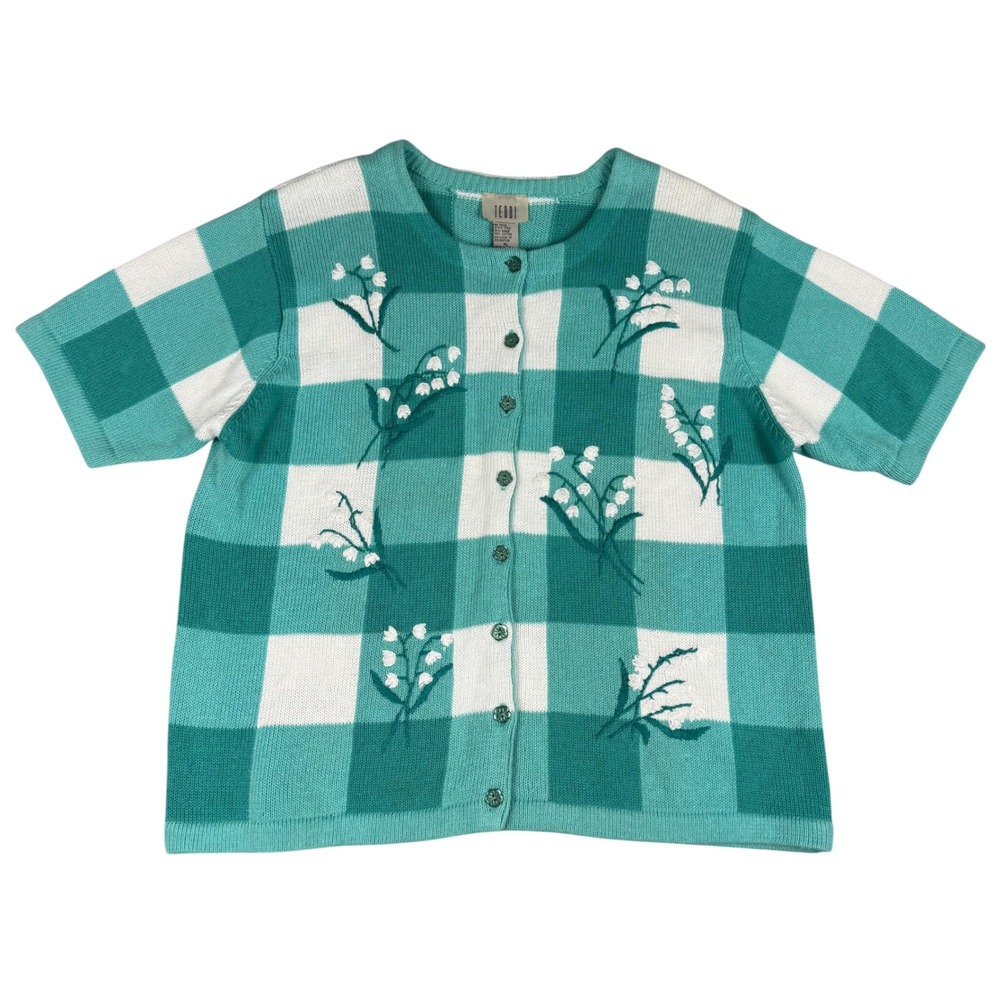 Teddi Vintage Teal Gingham Floral Embroidered Short Sleeve Cardigan XL